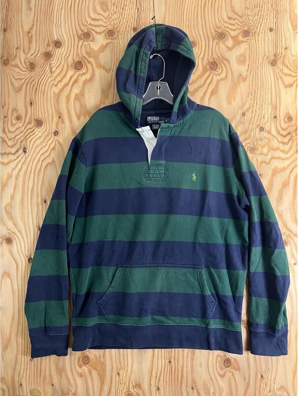 VTG Polo Ralph Lauren Rugby Hoodie Green Blue Striped Pony Mens L Sweatshirt